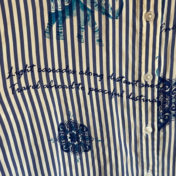 Chico's Blue and White Striped Button Down Elephant Floral Shirt Sz 1 or 8-10 - Picture 7 of 15